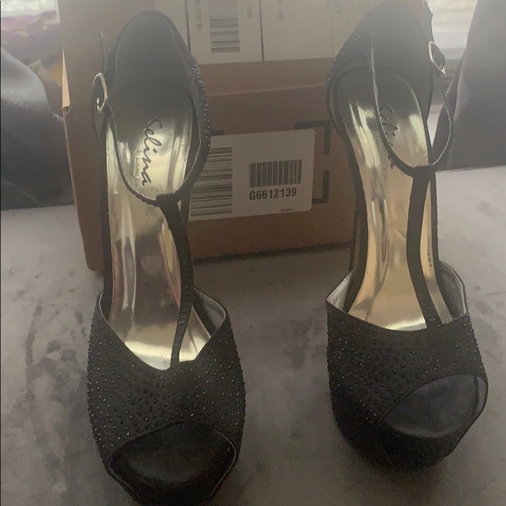 Black beaded platform heels